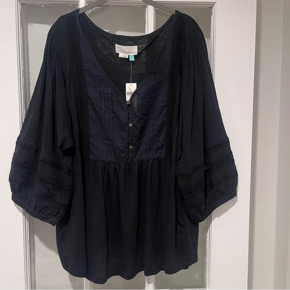 NWT Anthropologie Kaye Pintucked Babydoll Top Black 3/4 Sleeve Plus Size 2X - Picture 2 of 15